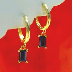 18KT GOLD/925 STERLING SILVER BLUE SAPPHIRE CRYSTAL DIAMOND CZ HUGGIE HOOPS☆NEW